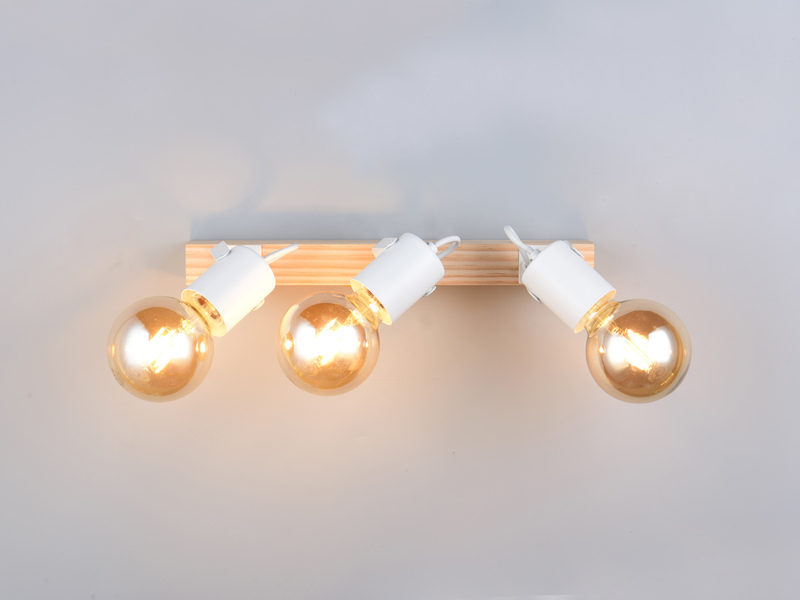 LED Deckenstrahler 3-flammig aus Metall Weiß mit Naturholz, Breite 42cm