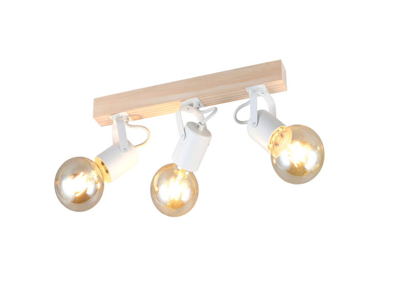 LED Deckenstrahler 3-flammig aus Metall Weiß mit Naturholz, Breite 42cm