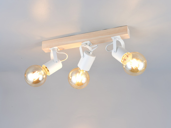 LED Deckenstrahler 3-flammig aus Metall Weiß mit Naturholz, Breite 42cm