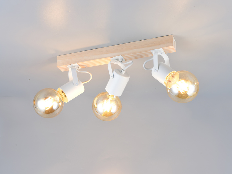 LED Deckenstrahler 3-flammig aus Metall Weiß mit Naturholz, Breite 42cm