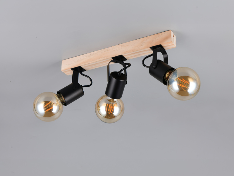 LED Deckenstrahler 3-flammig aus Metall Schwarz mit Naturholz, Breite 42cm