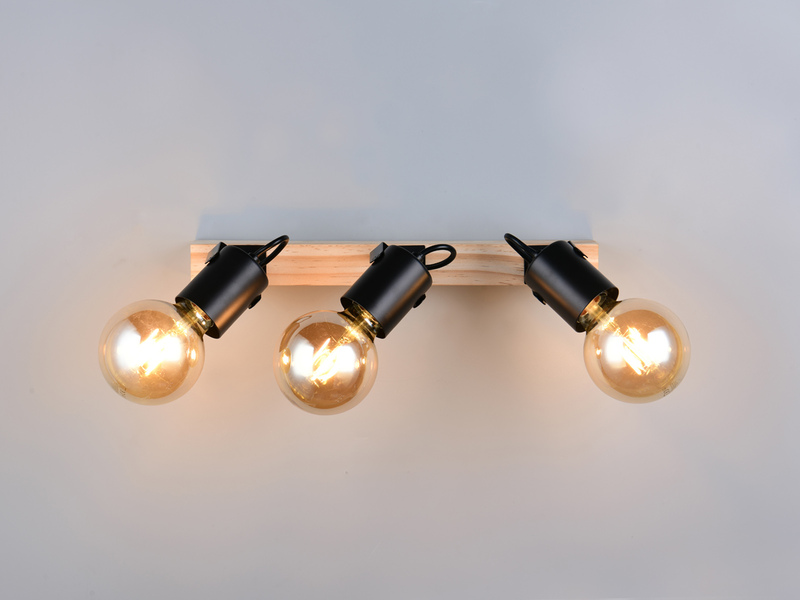 LED Deckenstrahler 3-flammig aus Metall Schwarz mit Naturholz, Breite 42cm