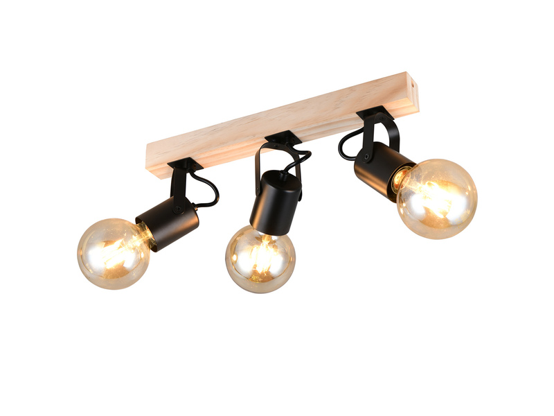 LED Deckenstrahler 3-flammig aus Metall Schwarz mit Naturholz, Breite 42cm