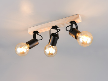 LED Deckenstrahler 3-flammig aus Metall Schwarz mit Naturholz, Breite 42cm