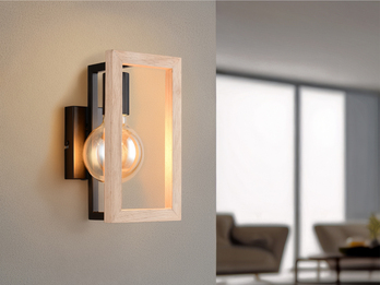 Ausgefallene LED Wandleuchte mit Rahmen aus Naturholz, Höhe 25cm