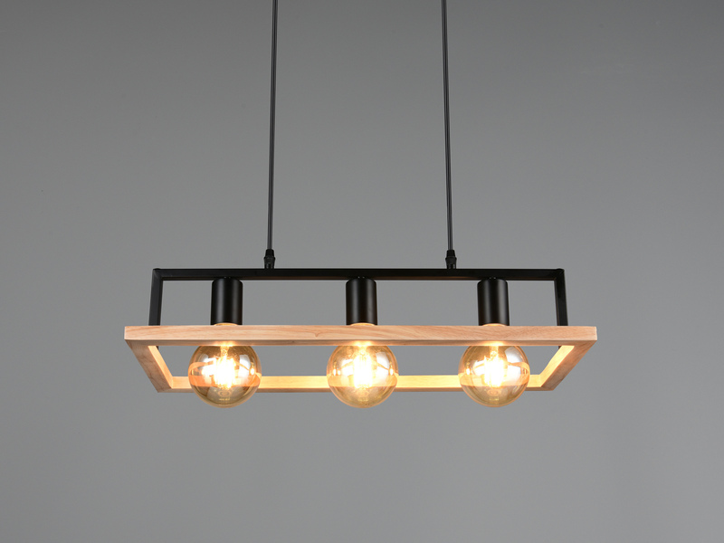 Ausgefallene LED Pendelleuchte mit Rahmen aus Naturholz, Breite 57,5cm