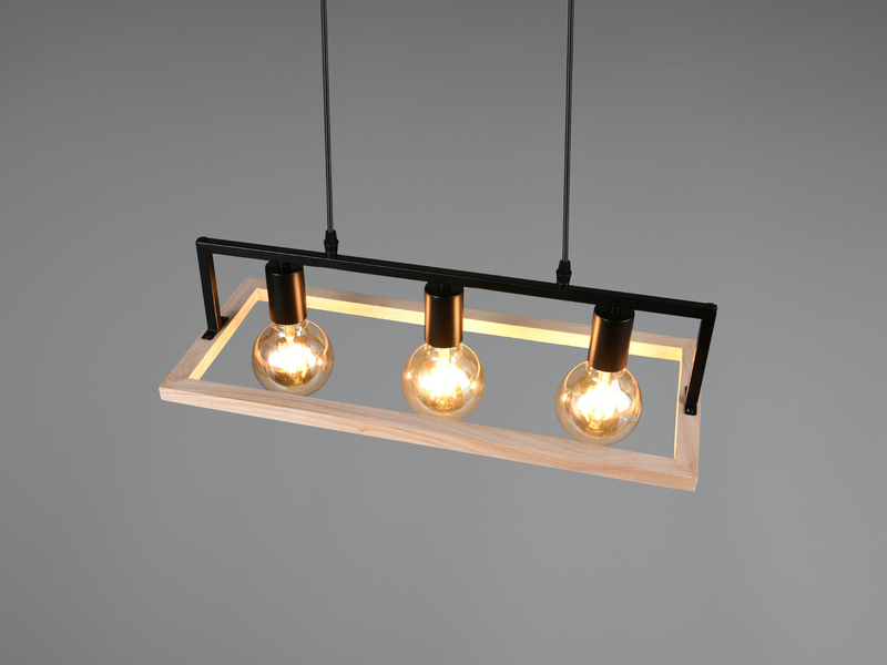 Ausgefallene LED Pendelleuchte mit Rahmen aus Naturholz, Breite 57,5cm