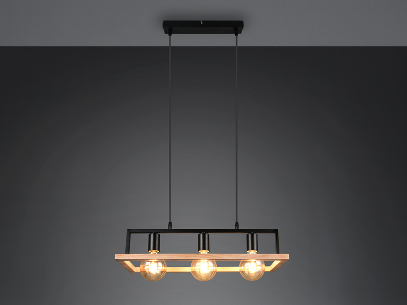 Ausgefallene LED Pendelleuchte mit Rahmen aus Naturholz, Breite 57,5cm