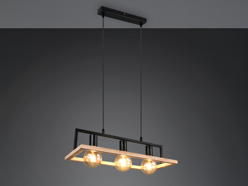 Ausgefallene LED Pendelleuchte mit Rahmen aus Naturholz, Breite 57,5cm