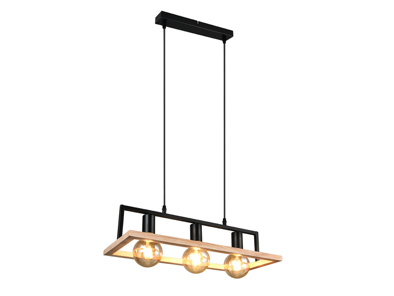 Ausgefallene LED Pendelleuchte mit Rahmen aus Naturholz, Breite 57,5cm