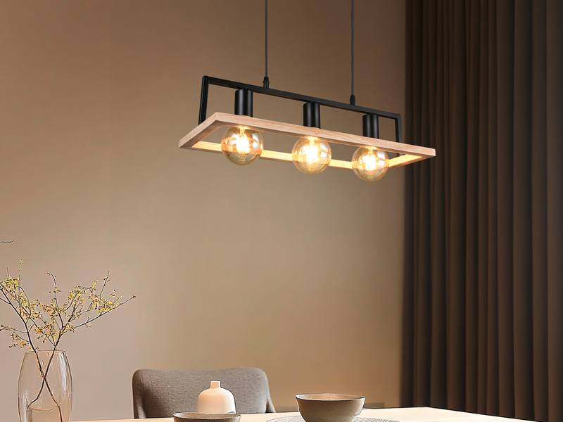 Ausgefallene LED Pendelleuchte mit Rahmen aus Naturholz, Breite 57,5cm