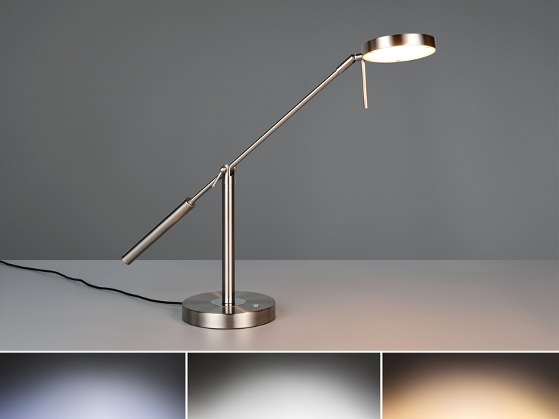 Moderne LED Schreibtischlampe MONZA dimmbar mit Schwenkarm, Silber Höhe 52cm