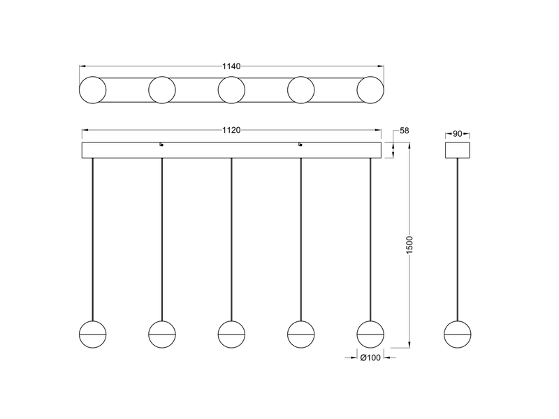 Große LED Pendelleuchte SENTA 5-flammig höhenverstellbar, Breite 114cm