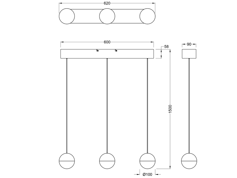 LED Pendelleuchte SENTA 3-flammig höhenverstellbar, Breite 62cm