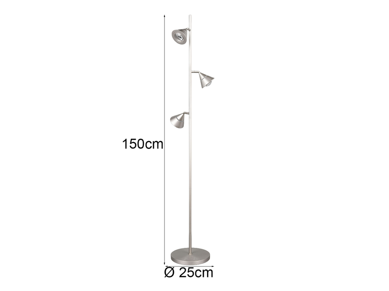 Moderne LED Stehlampe ROMEO dimmbar mit 3 Spots, Silber, Höhe 150cm