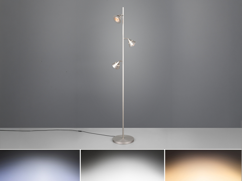 Moderne LED Stehlampe ROMEO dimmbar mit 3 Spots, Silber, Höhe 150cm
