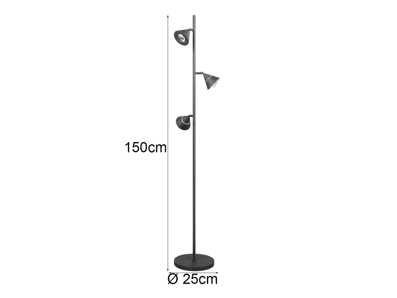 Moderne LED Stehlampe ROMEO dimmbar mit 3 Spots, Schwarz, Höhe 150cm