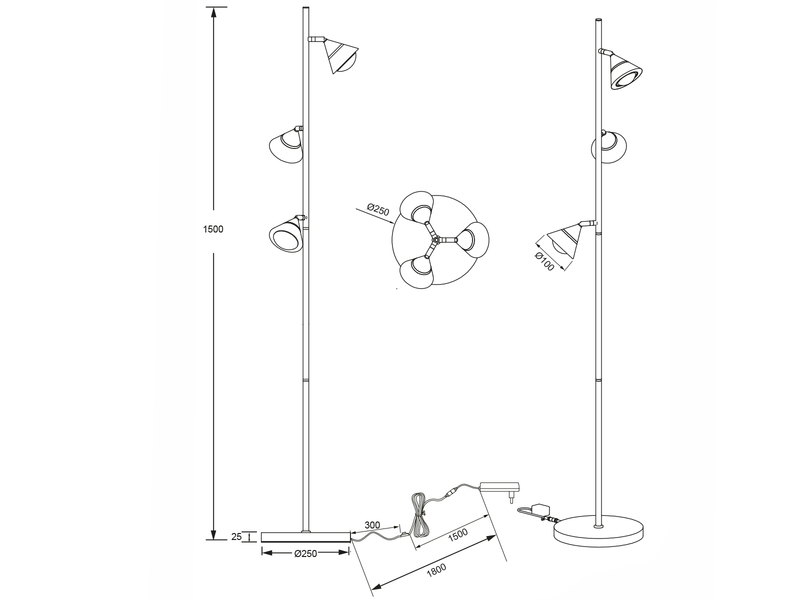Moderne LED Stehlampe ROMEO dimmbar mit 3 Spots, Schwarz, Höhe 150cm