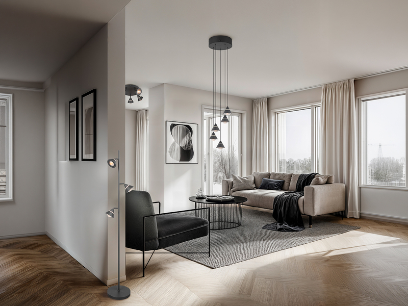 Moderne LED Stehlampe ROMEO dimmbar mit 3 Spots, Schwarz, Höhe 150cm