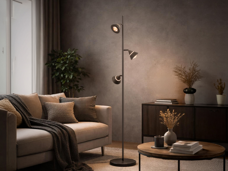 Moderne LED Stehlampe ROMEO dimmbar mit 3 Spots, Schwarz, Höhe 150cm