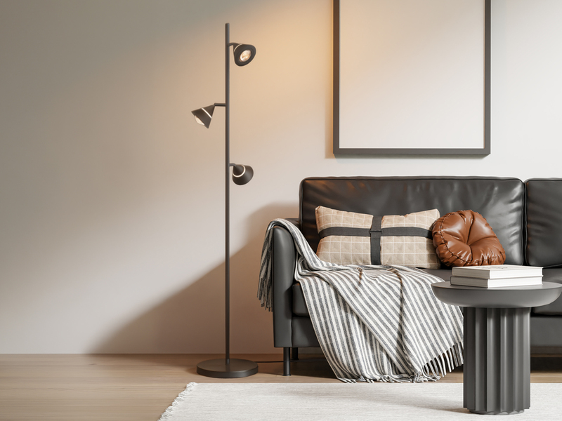 Moderne LED Stehlampe ROMEO dimmbar mit 3 Spots, Schwarz, Höhe 150cm