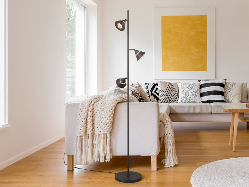 Moderne LED Stehlampe ROMEO dimmbar mit 3 Spots, Schwarz, Höhe 150cm