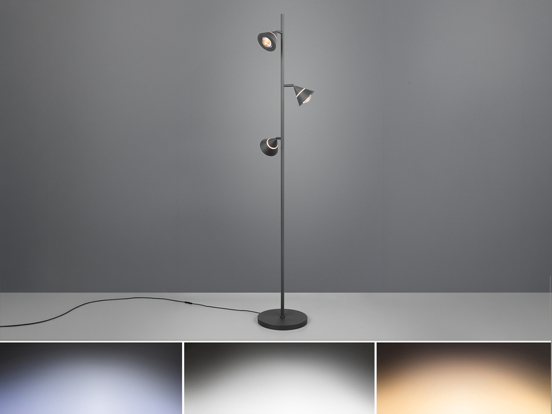 Moderne LED Stehlampe ROMEO dimmbar mit 3 Spots, Schwarz, Höhe 150cm