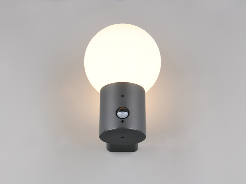 Außenwandleuchte MURES in Anthrazit mit Glaskugel & Bewegungsmelder, Höhe 28cm