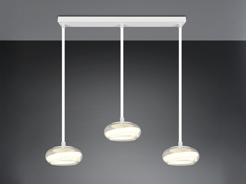 LED Pendelleuchte TARSIA dimmbar aus Metall in Weiß & Glas, 3 flammig, B: 91,5cm