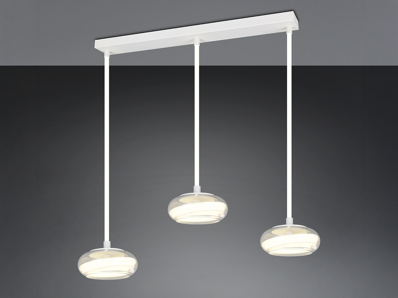 LED Pendelleuchte TARSIA dimmbar aus Metall in Weiß & Glas, 3 flammig, B: 91,5cm