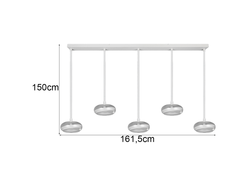 LED Pendelleuchte TARSIA dimmbar aus Metall in Weiß & Glas, 5 flammig, B 161,5cm