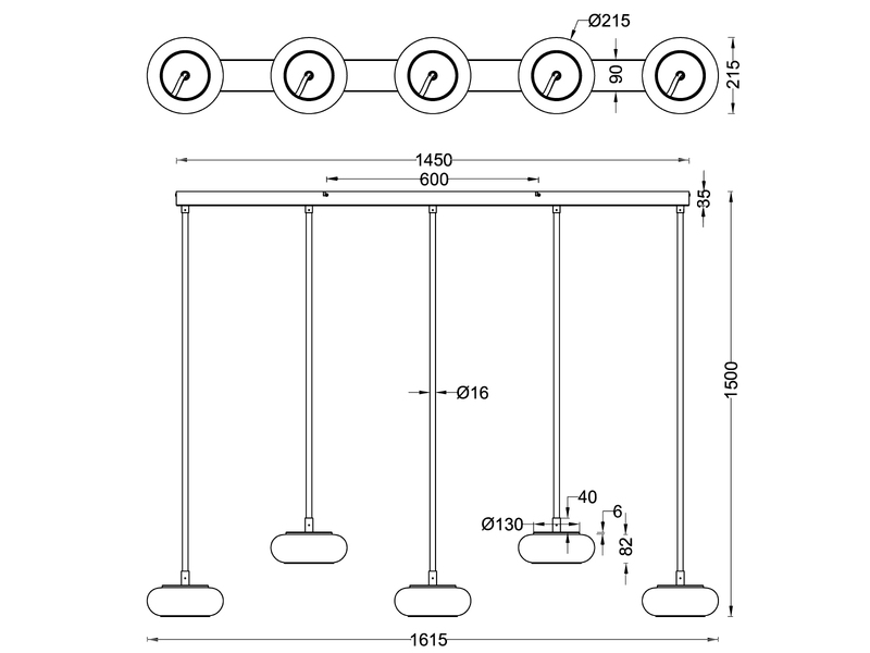 LED Pendelleuchte TARSIA dimmbar aus Metall in Weiß & Glas, 5 flammig, B 161,5cm
