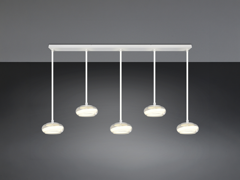 LED Pendelleuchte TARSIA dimmbar aus Metall in Weiß & Glas, 5 flammig, B 161,5cm