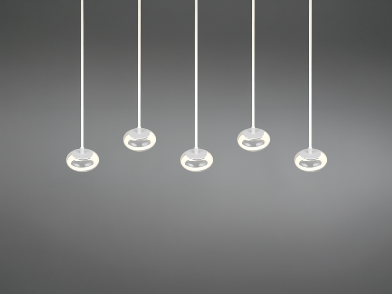 LED Pendelleuchte TARSIA dimmbar aus Metall in Weiß & Glas, 5 flammig, B 161,5cm