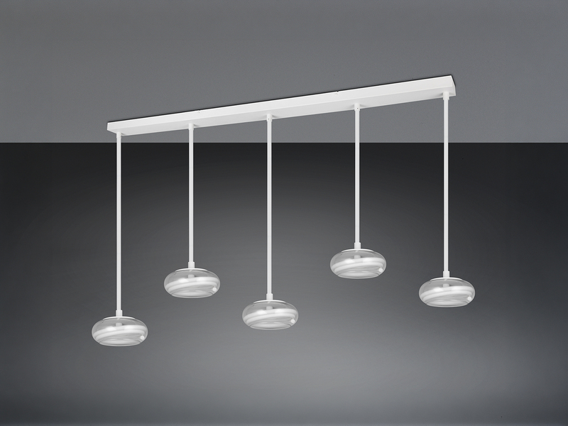 LED Pendelleuchte TARSIA dimmbar aus Metall in Weiß & Glas, 5 flammig, B 161,5cm