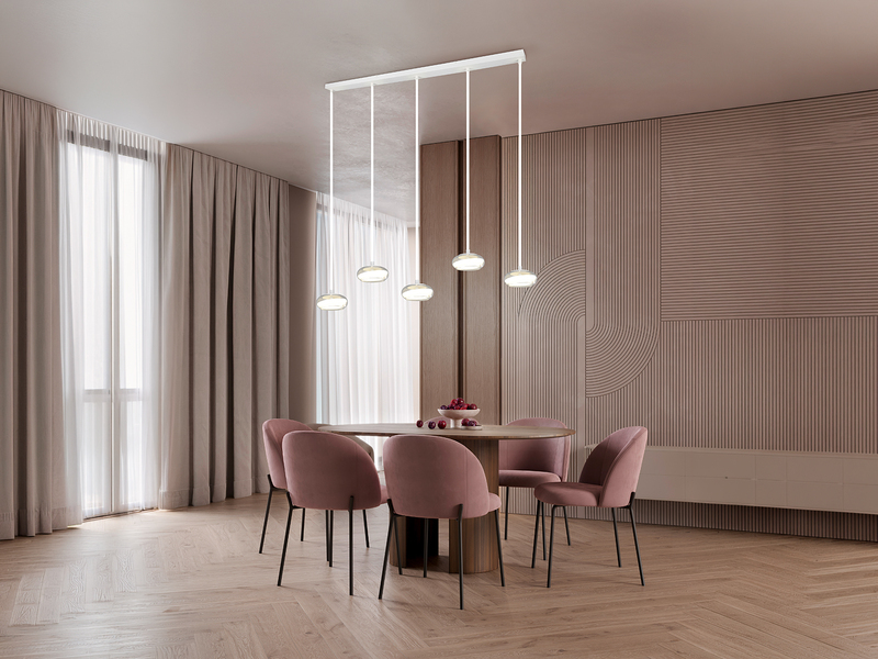 LED Pendelleuchte TARSIA dimmbar aus Metall in Weiß & Glas, 5 flammig, B 161,5cm