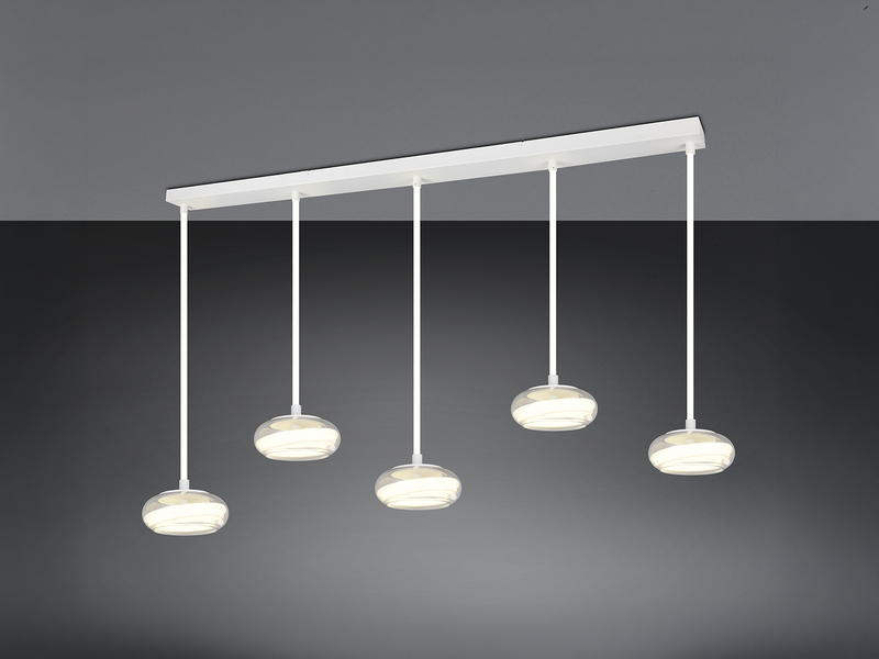 LED Pendelleuchte TARSIA dimmbar aus Metall in Weiß & Glas, 5 flammig, B 161,5cm
