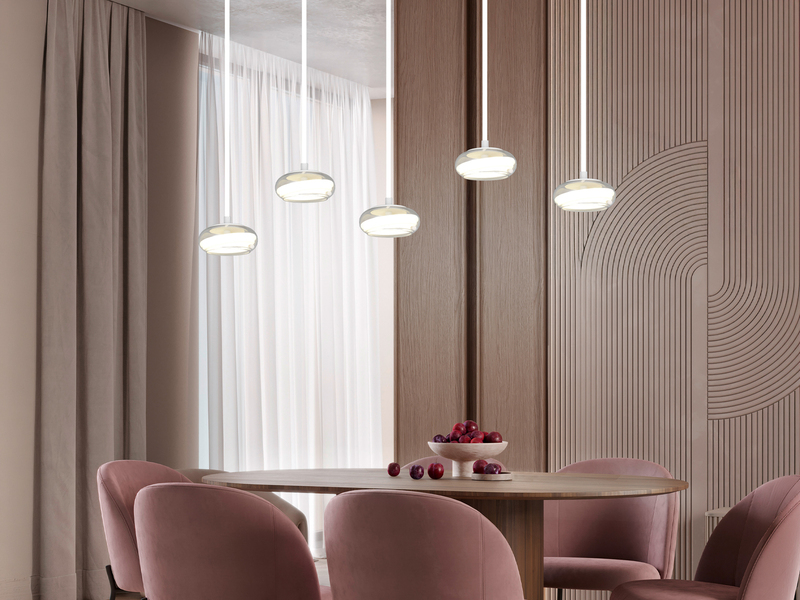 LED Pendelleuchte TARSIA dimmbar aus Metall in Weiß & Glas, 5 flammig, B 161,5cm