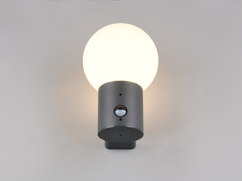 LED Außenwandleuchte in Anthrazit mit Glaskugel & Bewegungsmelder, Höhe 28cm