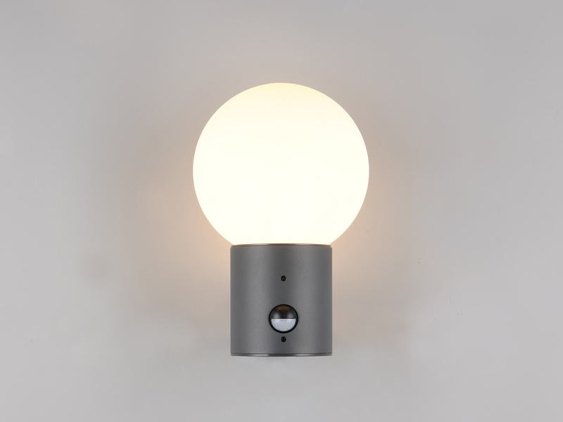 LED Außenwandleuchte in Anthrazit mit Glaskugel & Bewegungsmelder, Höhe 28cm