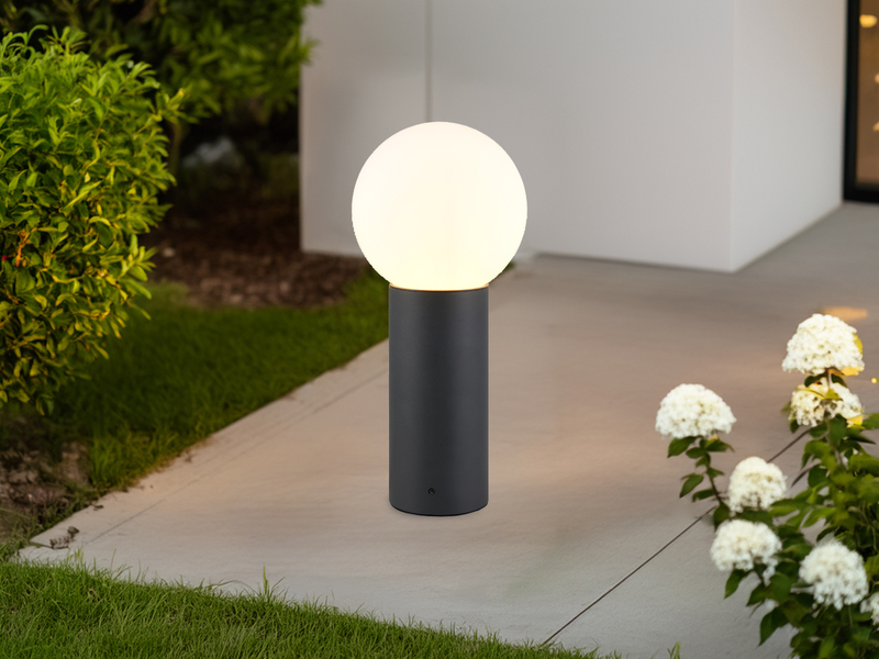 LED Sockelleuchte aus Aluminium in Anthrazit mit Glaskugel, Höhe 40cm