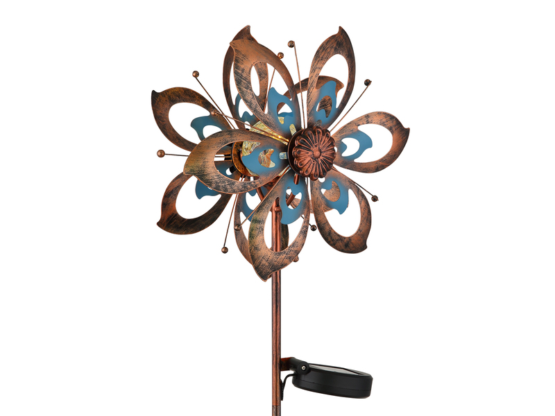 Solar Gartenstecker Windrad mit Erdspieß in Kupfer patiniert & Blau, Höhe 92cm