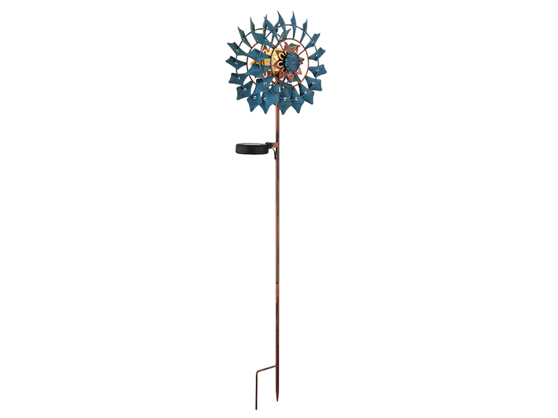 Solar Gartenstecker Windrad mit Erdspieß in Blau & Kupfer patiniert, Höhe 92cm