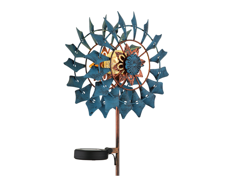 Solar Gartenstecker Windrad mit Erdspieß in Blau & Kupfer patiniert, Höhe 92cm