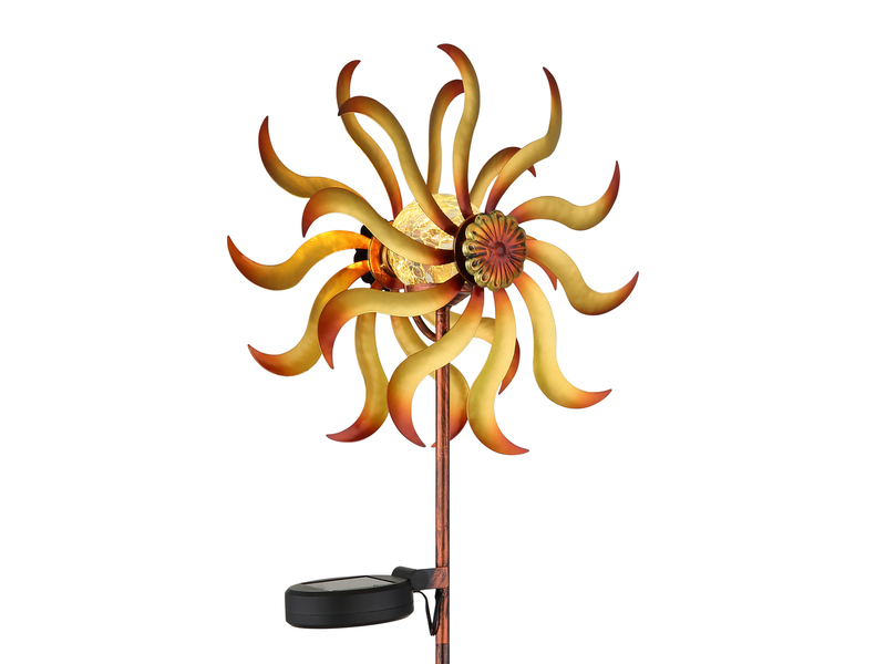 Solar Gartenstecker Windrad mit Erdspieß in Orange-Gelb & Kupfer, Höhe 92cm