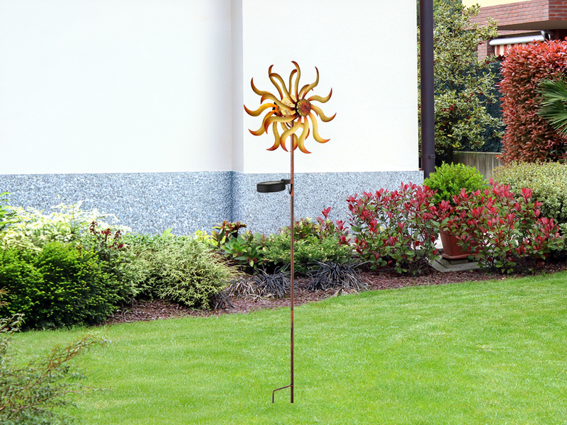 Solar Gartenstecker Windrad mit Erdspieß in Orange-Gelb & Kupfer, Höhe 92cm