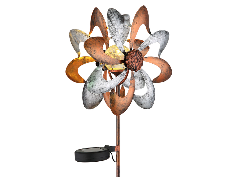 Solar Gartenstecker Windrad mit Erdspieß in Kupfer & Silber patiniert, Höhe 92cm