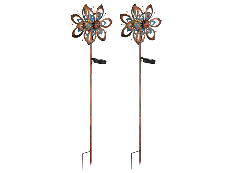 2er Set Solar Gartenstecker Windrad mit Erdspieß in Kupfer & Blau, Höhe 92cm