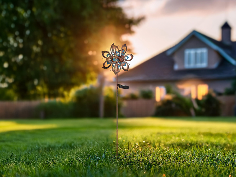 2er Set Solar Gartenstecker Windrad mit Erdspieß in Kupfer & Blau, Höhe 92cm