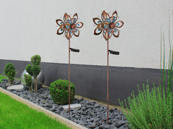 2er Set Solar Gartenstecker Windrad mit Erdspieß in Kupfer & Blau, Höhe 92cm
